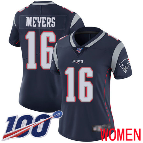 New England Patriots Football #16 100th Limited Navy Blue Women Jakobi Meyers Home NFL Jersey->women nfl jersey->Women Jersey